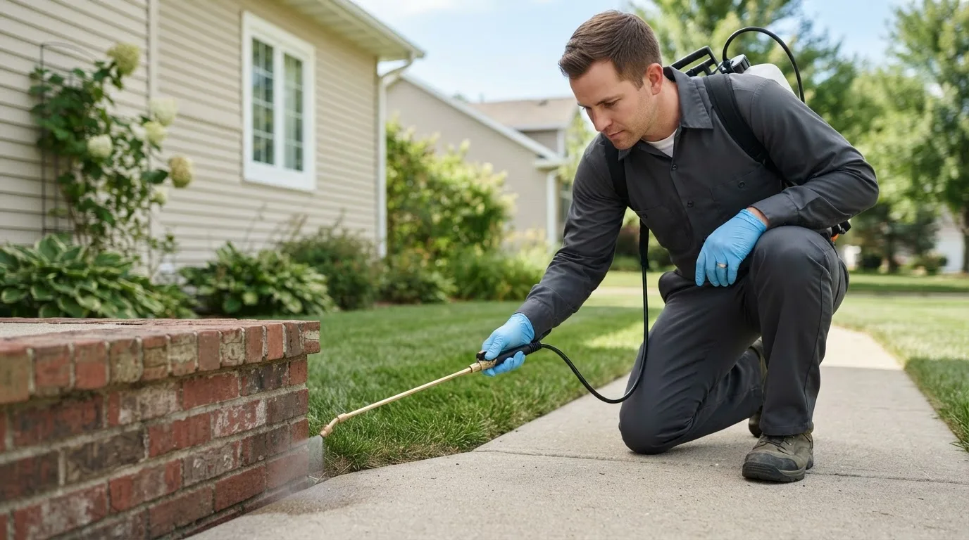 Pest control technician treating a home near Dennis, KS