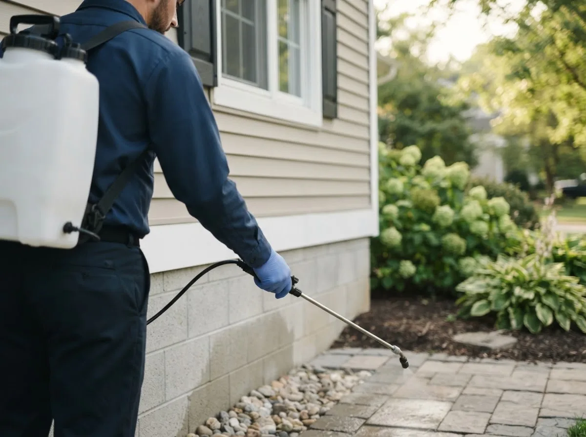 Pest control technician inspecting a home in Dennis, KS